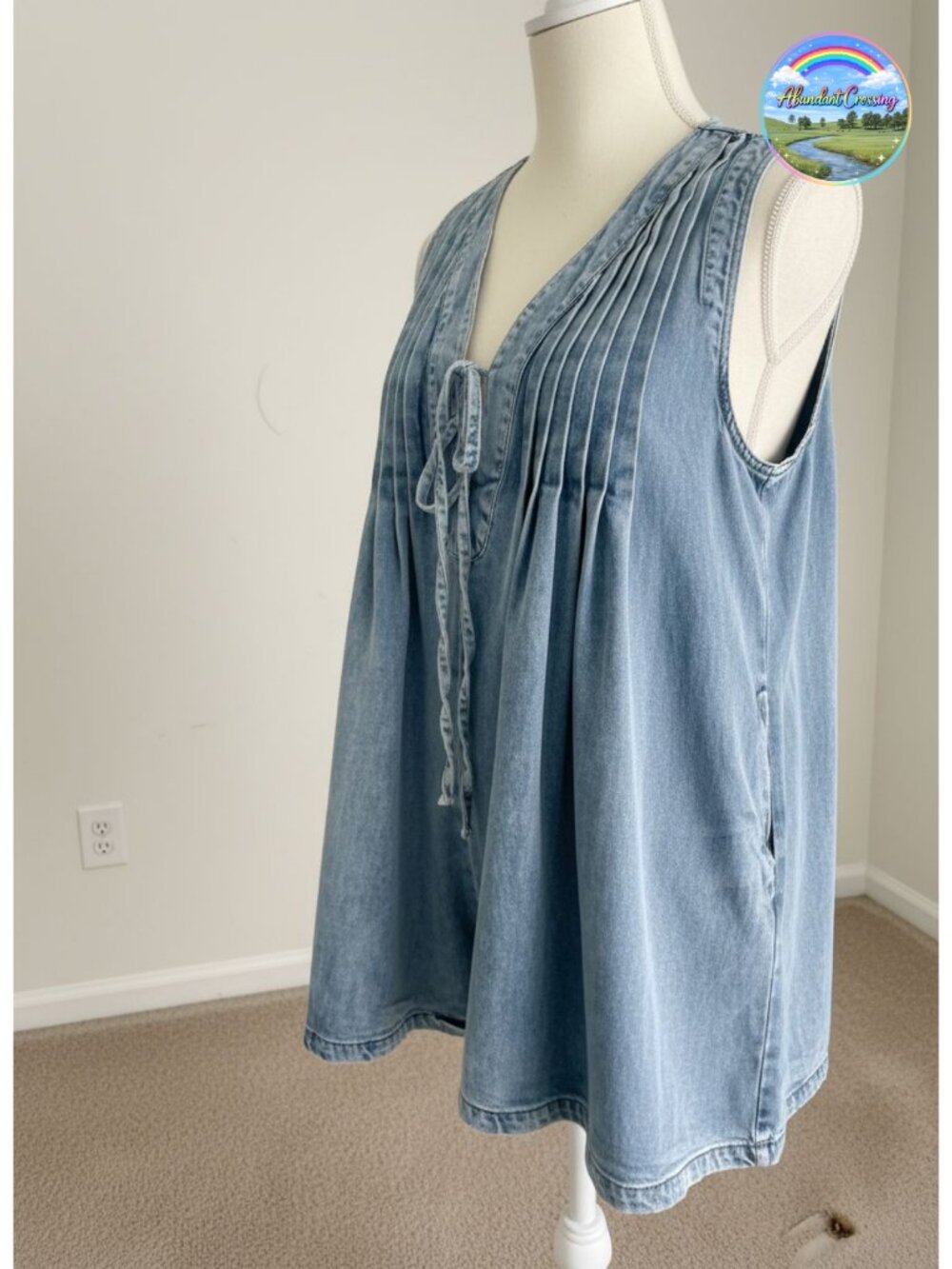 Sleeveless Denim Romper Tie Front V Neck Wide Leg Shorts with Pockets